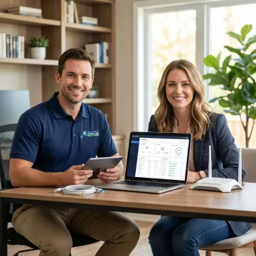 IT professional discussing computer repair solutions with a home office client