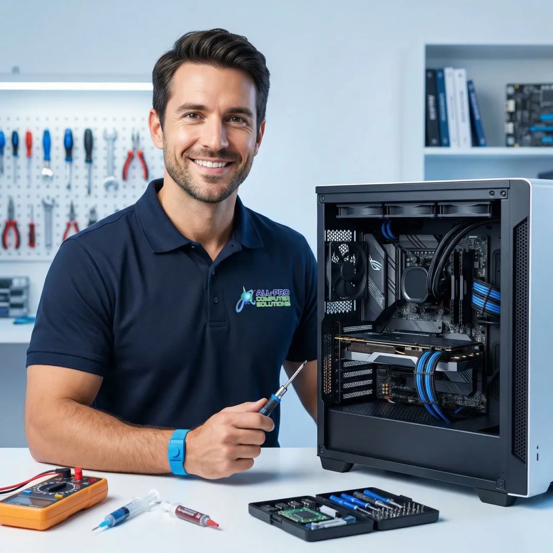 Technician repairing a computer in a professional IT service setting