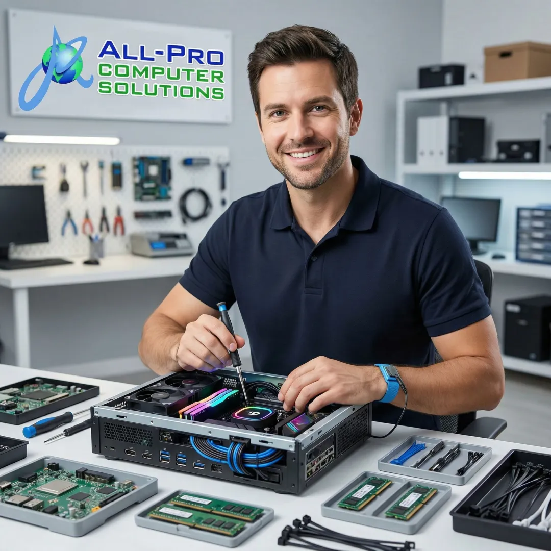 Technician repairing a computer at a professional IT service desk