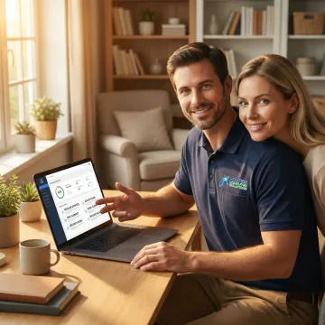 Technician explaining computer setup and maintenance tips to a home user