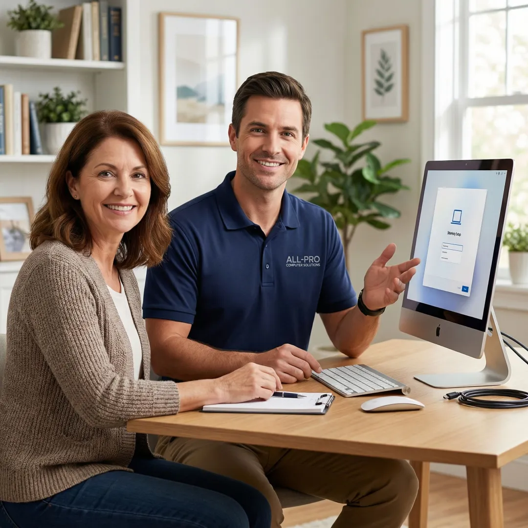 Technician providing residential IT support and computer setup at a home desk
