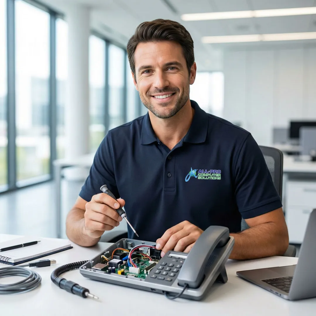 Technician repairing a business phone system in a professional office environment.