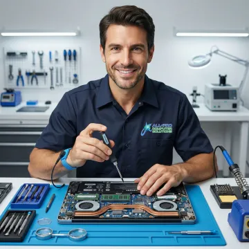 Close-up of a Samsung laptop being repaired with precision tools on a workbench