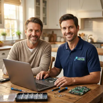 Technician helping a homeowner with a laptop repair at their kitchen table