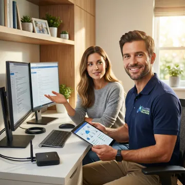 IT technician providing personalized computer support to a home office client