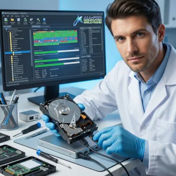 Close-up of a hard drive being connected to data recovery equipment by an experienced technician