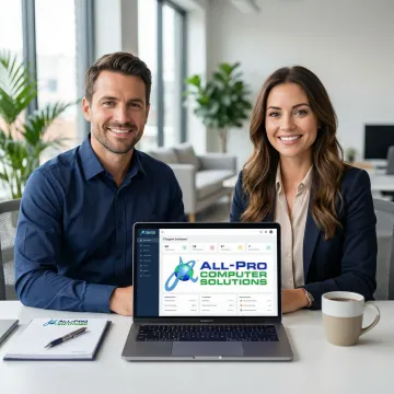 IT technician consulting with a small business owner about computer repair solutions