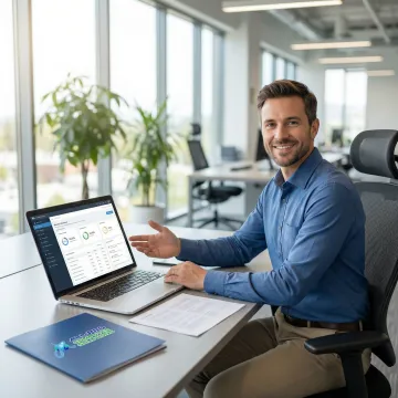 IT professional walking a client through a newly deployed software system on a laptop