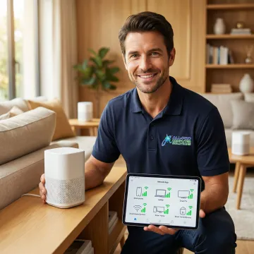 APCS technician setting up a mesh WiFi network in a residential home