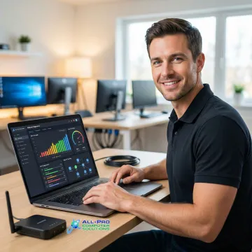 APCS technician running a Wi-Fi signal diagnostic test on a laptop in a home or business environment.