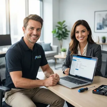 APCS technician consulting with a small business owner about computer repair solutions