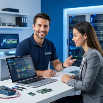 Technician walking a client through computer repair diagnostic steps