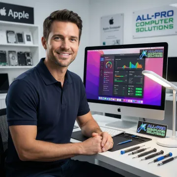 iMac repair specialist running diagnostics software on an Apple desktop computer