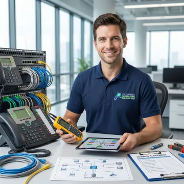 Technician testing a newly installed business phone system at an office desk