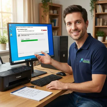 APCS technician walking a client through Canon printer setup steps