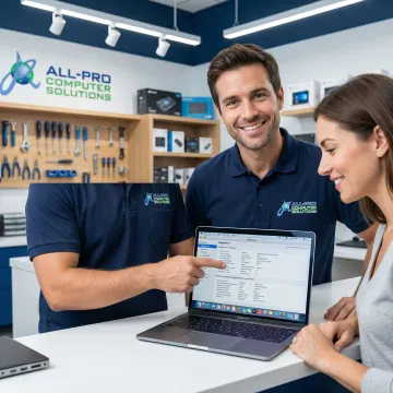 APCS technician explaining Mac repair options to a North Bay client