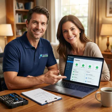 Technician explaining computer repair results to a satisfied home client