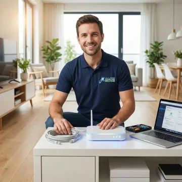 APCS technician setting up a home computer network during a house visit