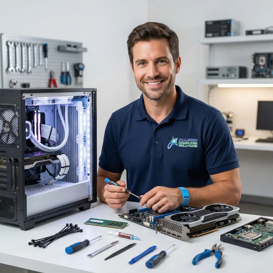 Technician performing a computer tune-up and repair service on a desktop PC