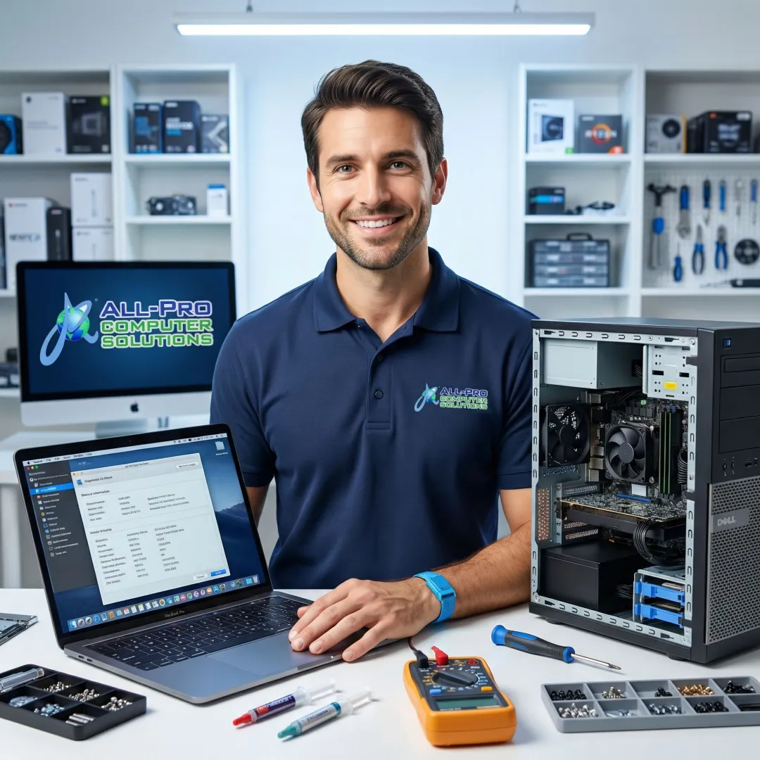 APCS technician repairing a Mac and PC computer in a professional office setting