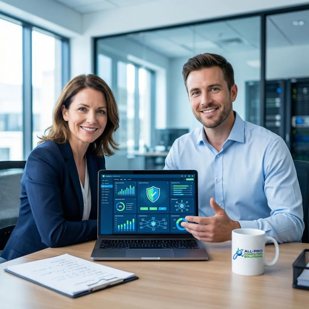 Small business owner reviewing cybersecurity protection plan with IT consultant