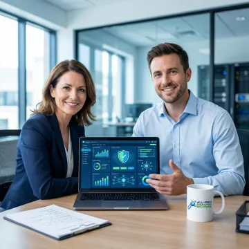 Small business owner reviewing cybersecurity protection plan with IT consultant