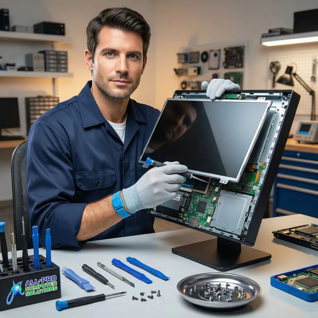 Technician repairing a desktop computer monitor screen in a professional workspace