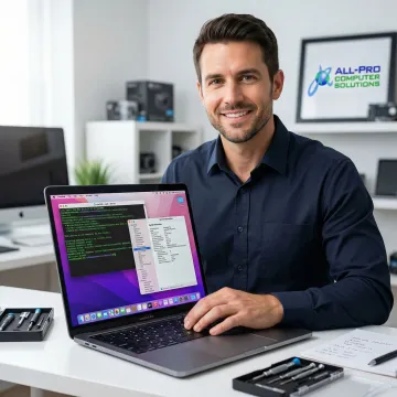 APCS technician performing step-by-step Mac driver installation and verification on a MacBook.