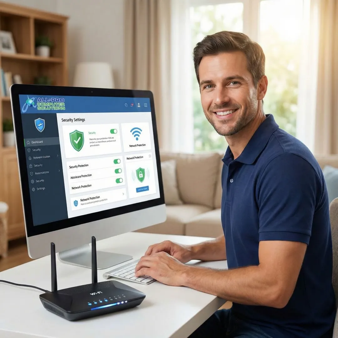 Technician securing a home computer network setup