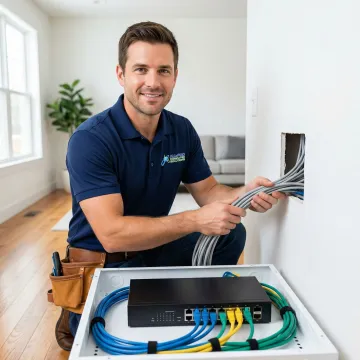 Technician running Ethernet cables and configuring network equipment inside a home.