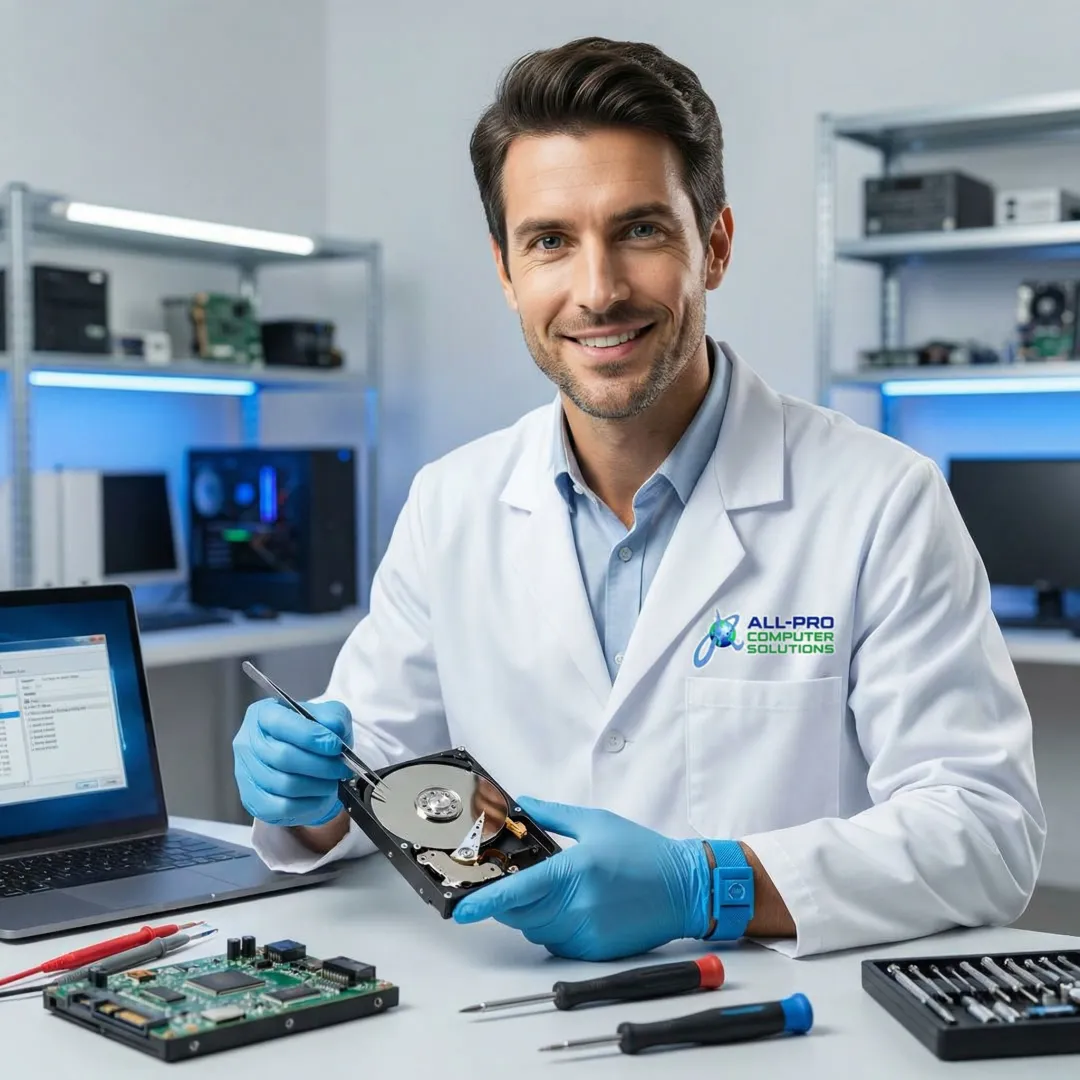 Technician performing hard drive data recovery on a desktop computer