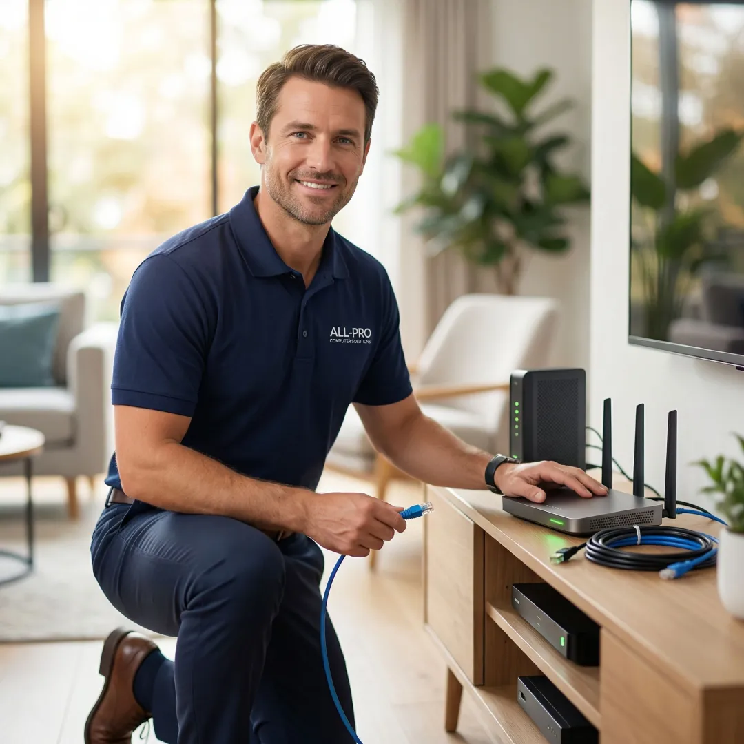 Technician repairing a home network router and Wi-Fi equipment in a Cleveland residential setting.