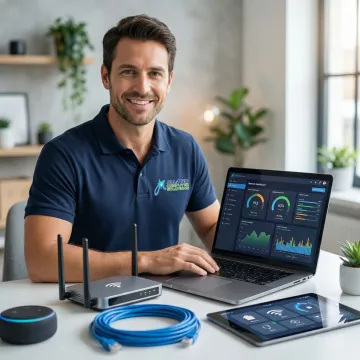 Technician reviewing home network performance on a laptop with router and connected devices visible.