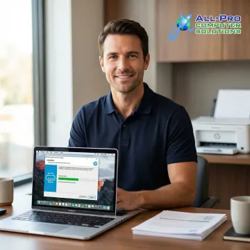 IT technician installing HP printer driver software on a Mac computer