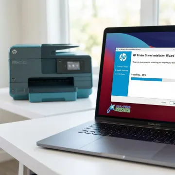 Step-by-step HP printer driver installation process on a Mac screen