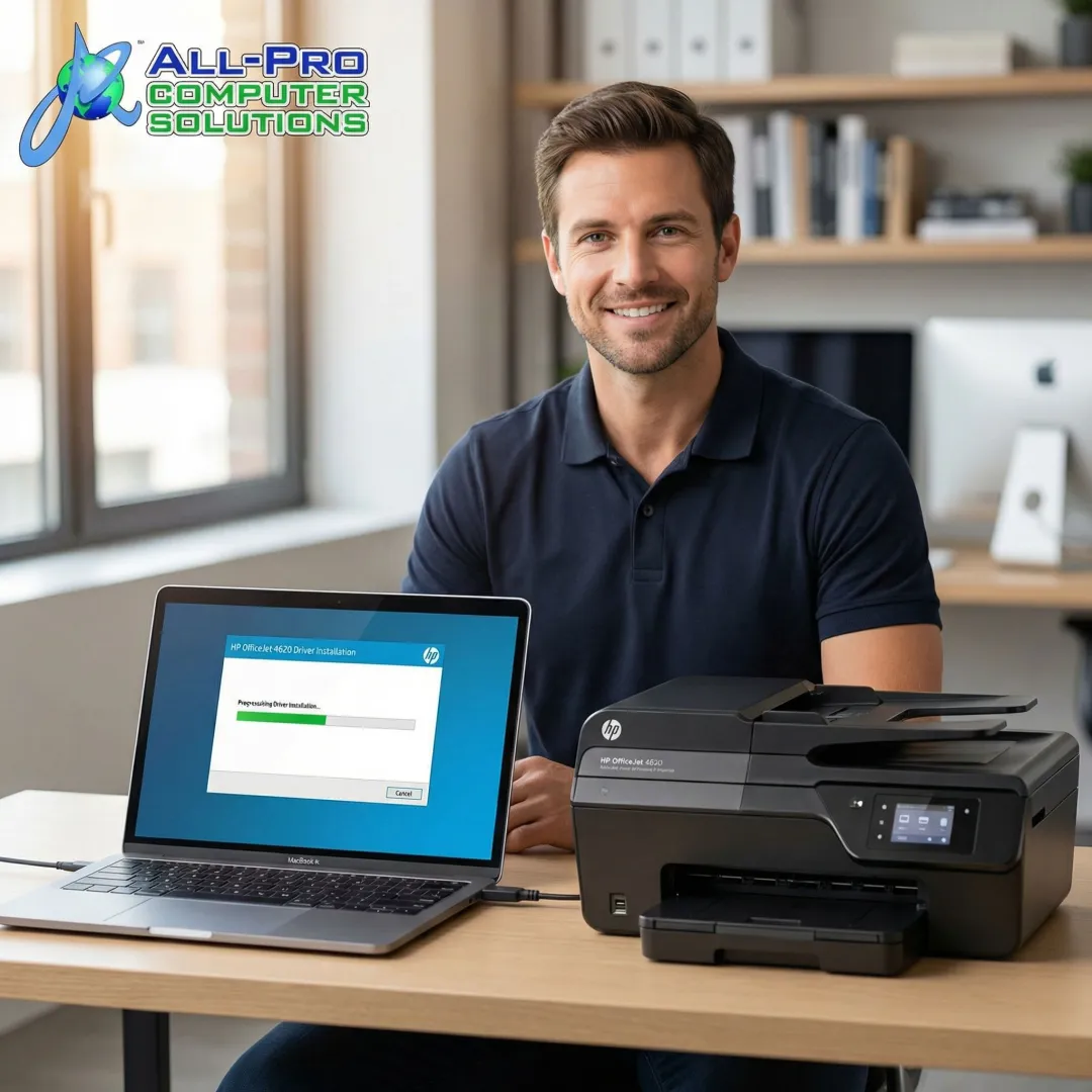 Technician installing HP OfficeJet 4620 driver software on a Mac computer