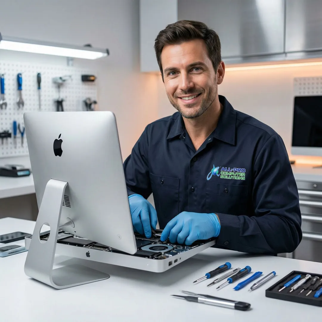 Technician performing iMac body repair on a white Apple iMac desktop computer