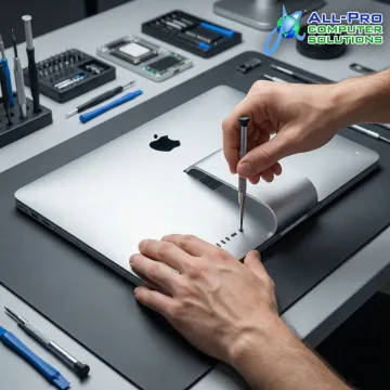 Close-up of an iMac being carefully repaired by a technician in a professional workshop