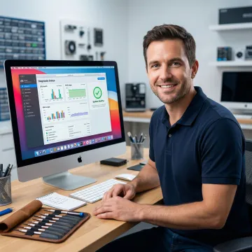 APCS technician diagnosing an iMac with diagnostic software on screen