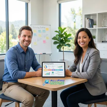 IT consultant discussing customized technology strategy with a small business owner in the Bay Area