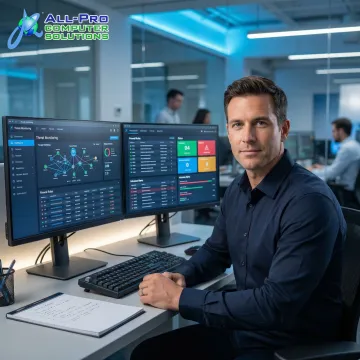 Network security professional reviewing firewall settings and threat monitoring dashboard