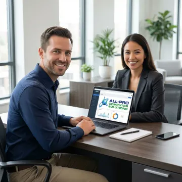 IT support specialist consulting with a small business client about technology solutions.