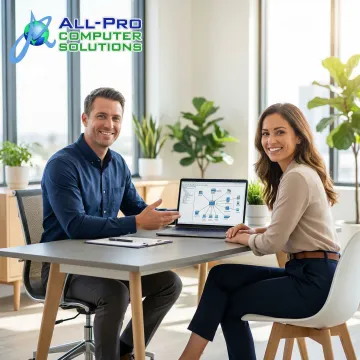 Small business IT consultant reviewing a network plan with a Bay Area business owner