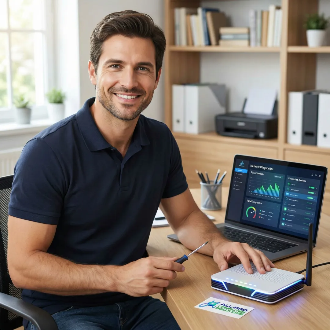 WiFi repair technician diagnosing a home network router