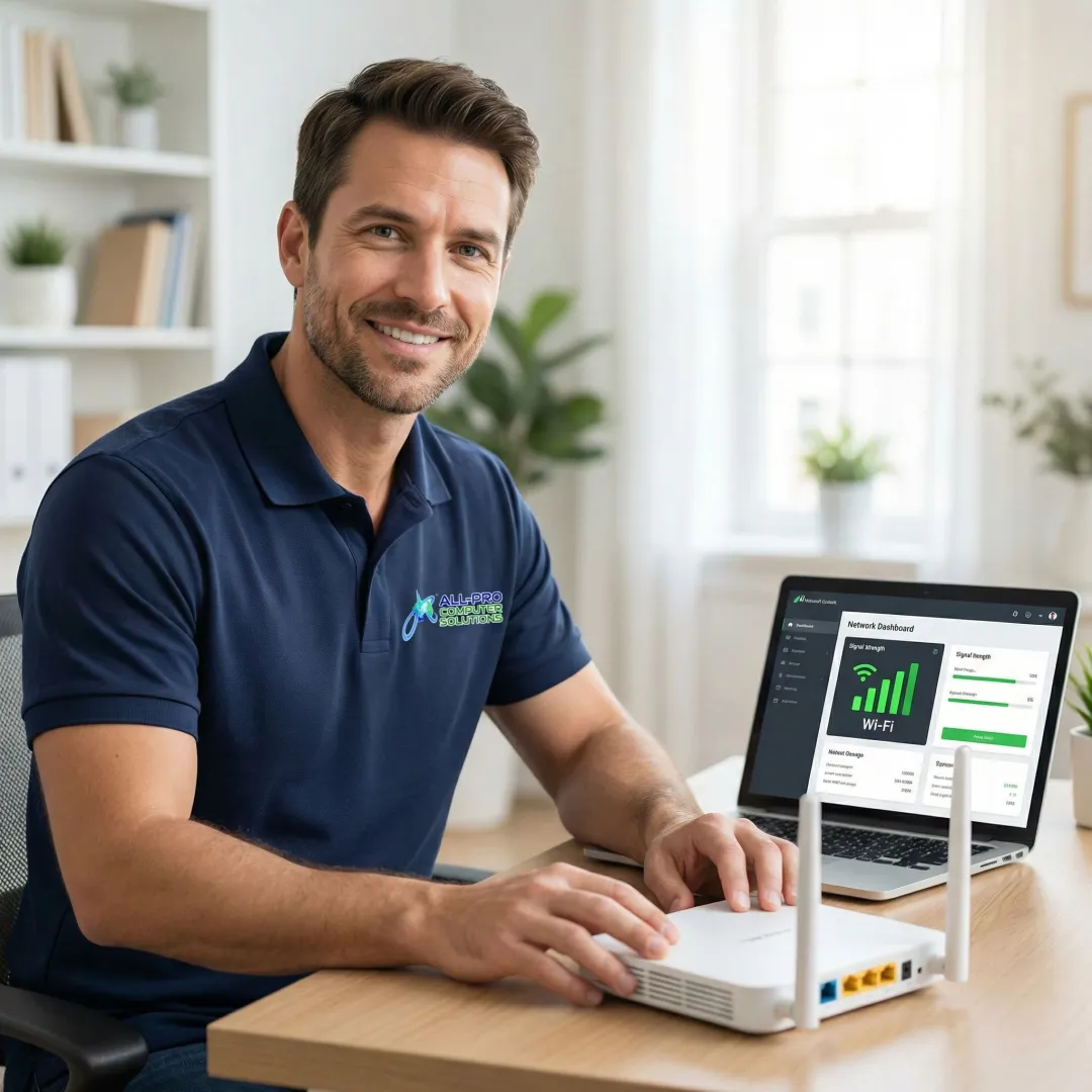 Technician setting up and optimizing a WiFi router for a home or business network