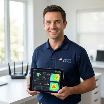 Technician diagnosing WiFi signal issues in a North Bay home office