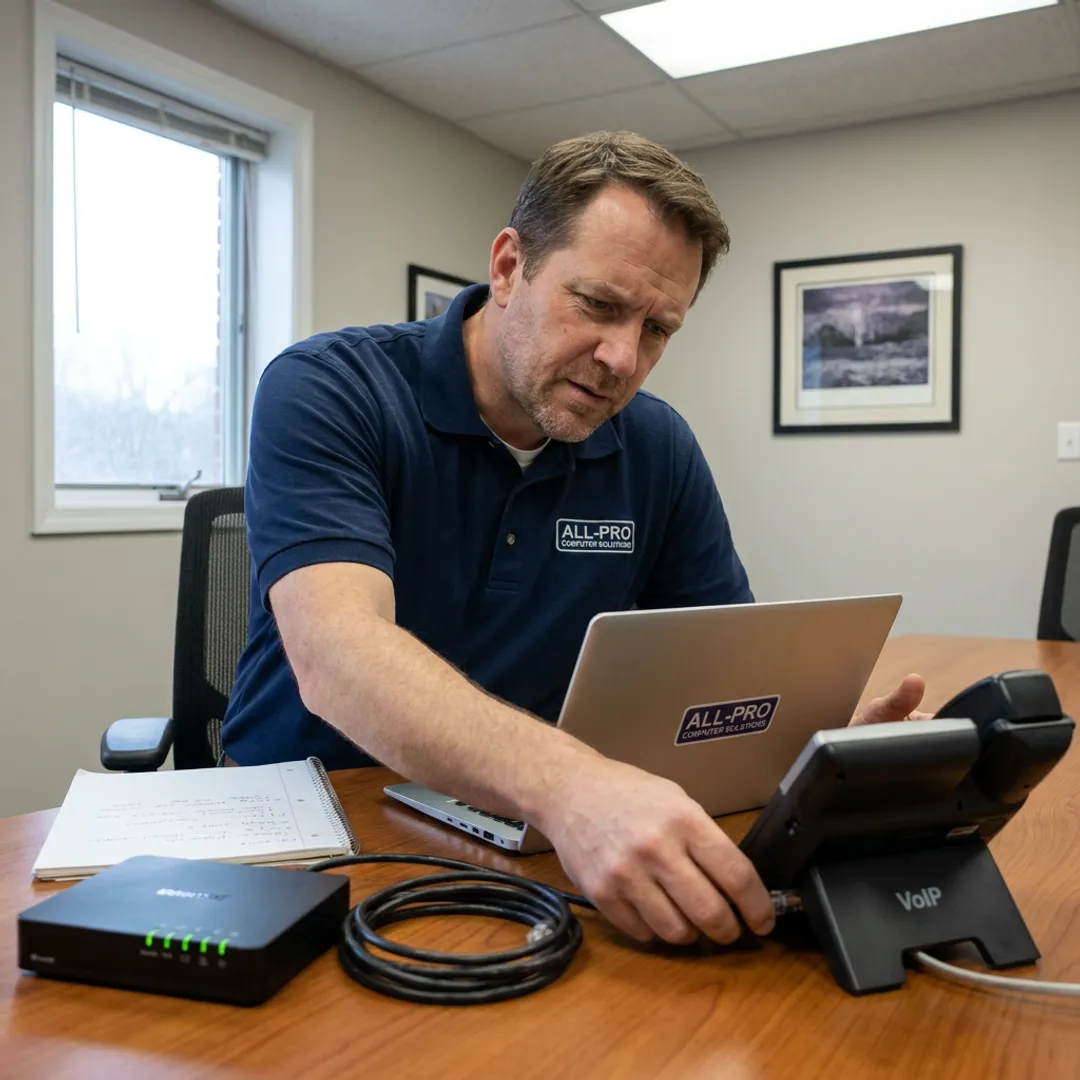 Technician configuring VoIP phone system