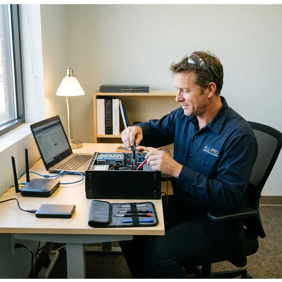 IT technician diagnosing business computer systems