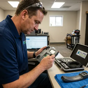 Technician servicing an Avaya business phone system