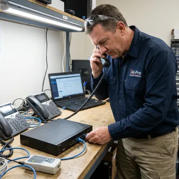 Technician repairing a business PBX phone system